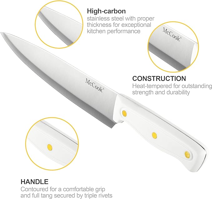 McCook® Knife Sets, White High Carbon Stainless Steel Kitchen Knife Sets with with Built-in Sharpener