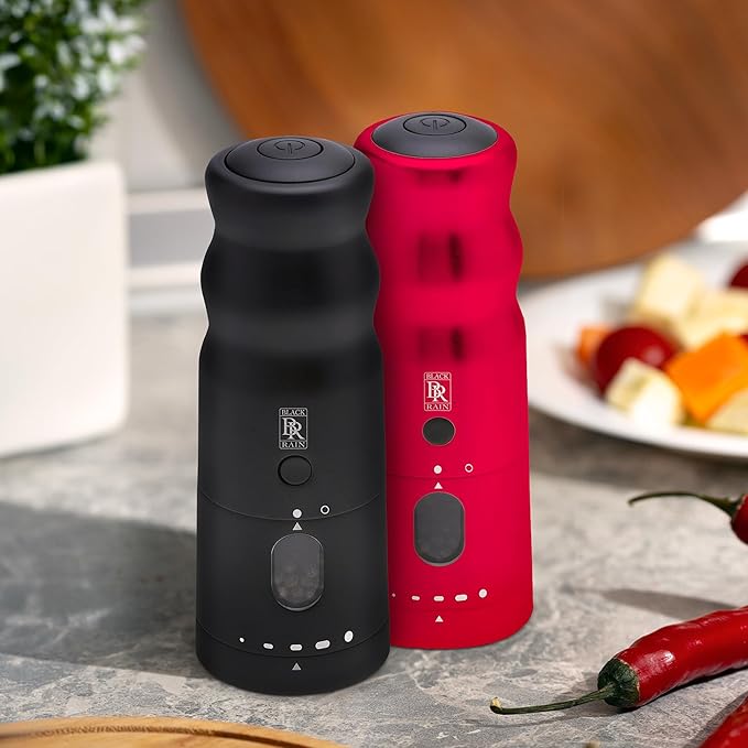 BLACK RAIN Pepper Mill Grinder, Adjustable Coarseness, Rechargeable Pepper Grinder with LED Light, Heavy Duty Professional Grade Electric Peppercorn Grinder (Red)