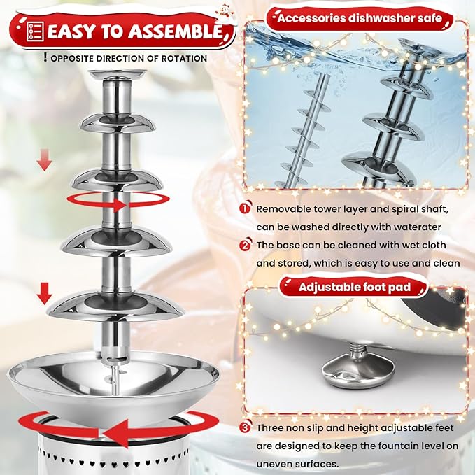 Commercial Chocolate Fountain 5 Tiers 13.2 Lbs Nacho Cheese Fountain Stainless Steel Hot Fondue Fountain Machine for Bakery, Party, Gathering, Wedding, Rental, Knob Control