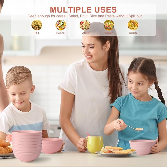 HOTEC Unbreakable Wheat Straw Cereal Bowls - Microwave & Dishwasher Safe Soup and Salad Bowls, Set of 8, 26oz, BPA Free,Pink