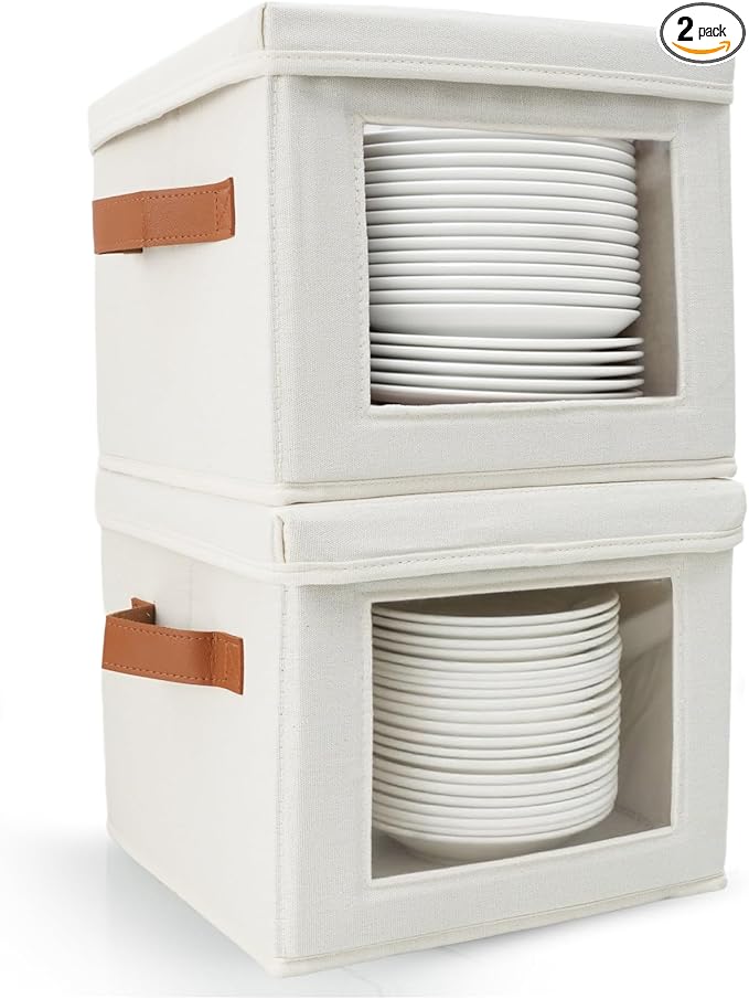 HOMELUX THEORY Plate Storage Box, 2pc 10"x8" Ivory Hard Shell China Storage Containers, Kitchen Storage Bins With Lids, Heavy Duty Moving Box with Handles for Dishes, Dinner Plate & Dinnerware