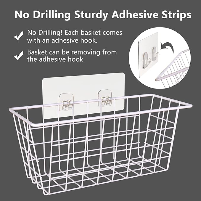 Hanging Kitchen Baskets For Storage Adhesive Small Wire Storage Baskets No Drilling Wall Mounted Shelf for Kitchen Pantry Room Cabinet Bathroom, 2 PACK, White