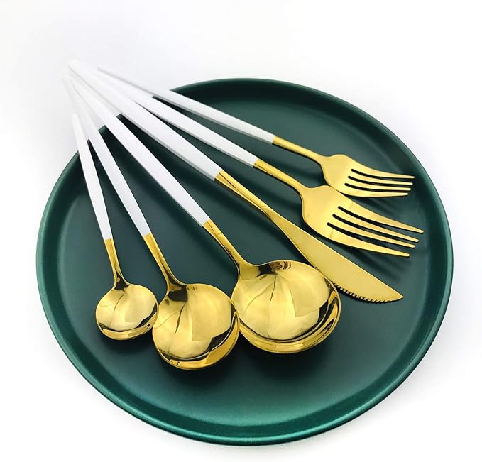 36-Pieces Silverware Mirror Polished Dinnerware Gold Flatware With White Handle, 18/0 Stainless Steel Cutlery Set For Home Kitchen Party Hotel Restaurant Wedding Service for 6