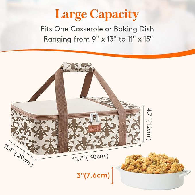 Lifewit Casserole Carrier for Hot or Cold Food, Insulated Casserole Baking Dish Bag Food Carrier, Lasagna Holder for Potluck/Parties/Picnic/Cookouts, Fits 9"x13" Baking Dish, Cream
