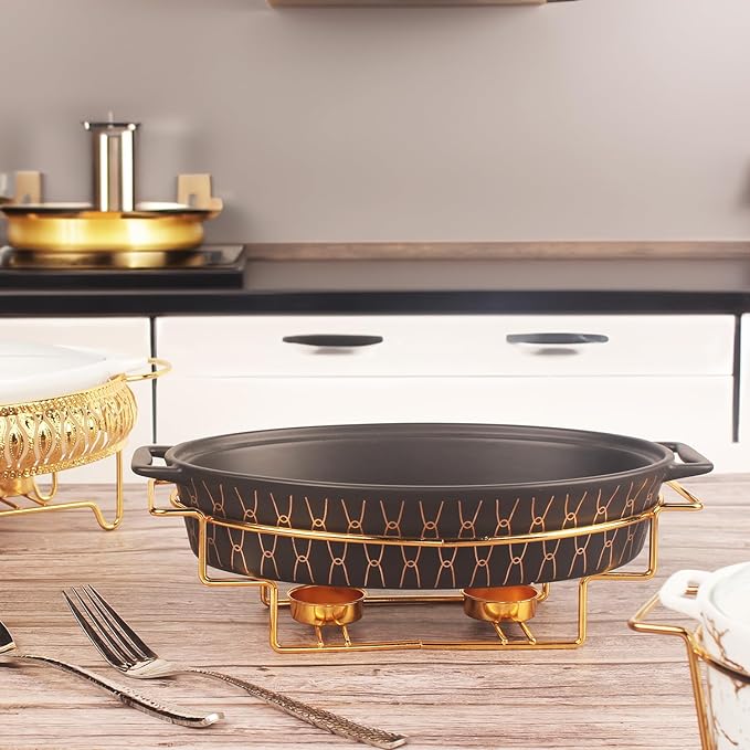 12" x 8" Ceramic Oval Casserole Dish with Glass Lid and rack, 1.7 Quart Serving Soup Tureen,Chafing Dish for Buffet, Family Food preserve Tray, Catering Casserole for Party Style, Black