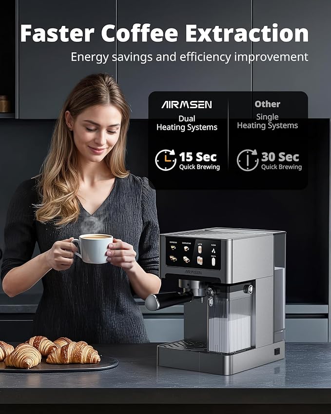 AIRMSEN 20 Bar Espresso Machine with Automatic Milk Frother for Home, Cappuccino & Latte Coffee Maker with Quick Brew Dual Boiler (1350W + 1000W), Stainless Steel, 60oz Water Tank, Touchscreen