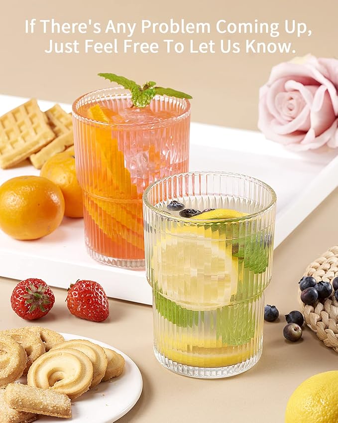 Ribbed Glassesware 14 Oz Ripple Drinking Glasses Iced Coffee Glasses Glass Cup Set Of 6 Vintage Drinking Glasses Water Glasses Fluted Glassware Cocktail Glass Cute Glass Cups