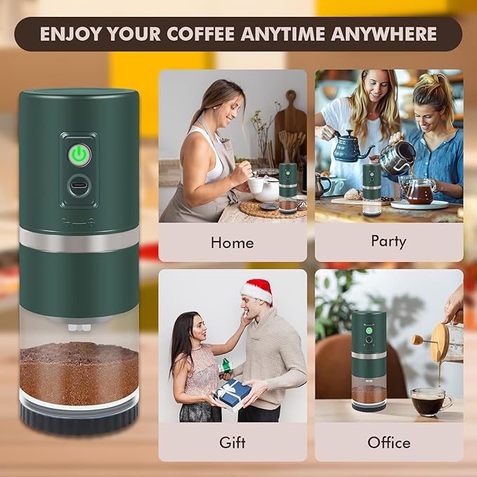Portable Electric Coffee Grinder Stainless Steel Conical Burr Coffee Grinder with 45 Adjustable Settings Rechargeable Coffee Bean Grinder for Home, Travel, Camping, Office-Dark Green