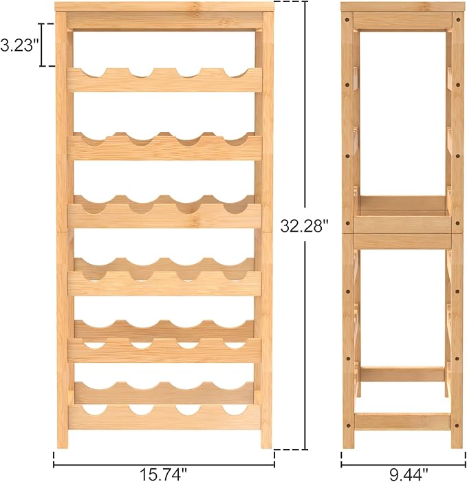 6 Tier Wine Rack Freestanding Floor, 24-Bottle Bamboo Wine Storage Shelf Display Rack with Table Top for Kitchen Bar Cellar