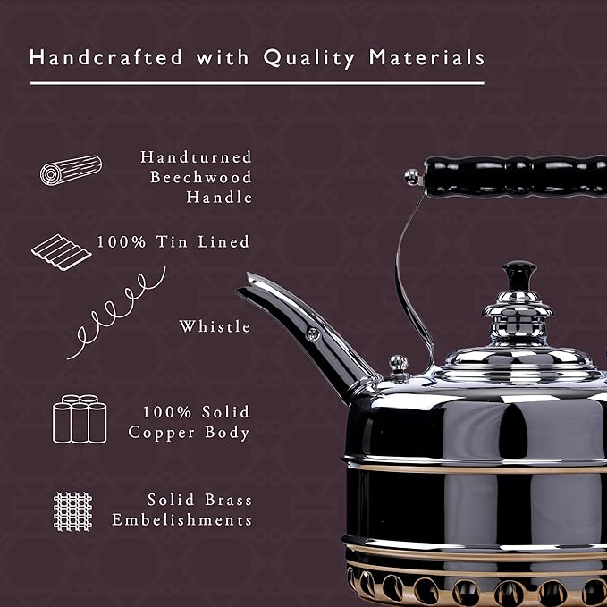 Newey & Bloomer Buckingham No. 3 Tea Kettle, 1.9 Qt. - Solid Copper Body & Chrome-Plated Finish, Heat-Resistant Beechwood Handle - Vintage-Inspired Kitchen Necessity, Gas Stove Compatible