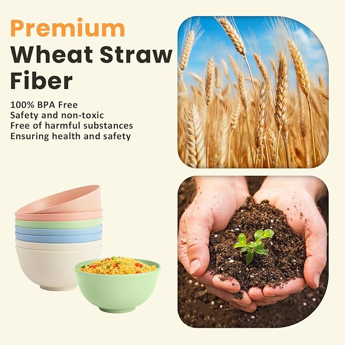 Homienly Wheat Straw Bowls, Unbreakable Cereal Bowls Microwave Safe, 8 PCS Lightweight Stackable Snack & Soup Bowls for Kitchen, Camping, Party, Dishwasher Safe Plastic Bowl Alternative (Light, 26oz)