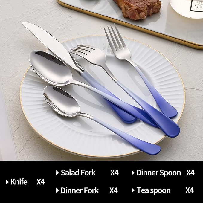 20-Pieces Color Silverware Sets for 4,Blue and white Handle Stainless Steel Cutlery Set, Include Forks Spoons and Knives Set, Dishwasher Safe Utensil Sets for Home Restaurant