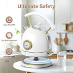 Rasonic Retro Electric Kettle Stainless Steel, 1.8L Tea Water Boiler, 1500W Fast Quiet Boil, Temperature Gauge, Auto Shut-Off, Boil-Dry Protection, White Champagne Gold