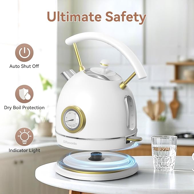 Rasonic Retro Electric Kettle Stainless Steel, 1.8L Tea Water Boiler, 1500W Fast Quiet Boil, Temperature Gauge, Auto Shut-Off, Boil-Dry Protection, White Champagne Gold