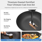 KITESSENSU Enameled Cast Iron Skillets - Non Stick Frying Pans Set with Durable Wooden Handle - 8&10&12 In Titanium Cast Iron Pans for Multi-Cooking - Pre Seasoned Cookware Set - Gradual Cobalt Blue