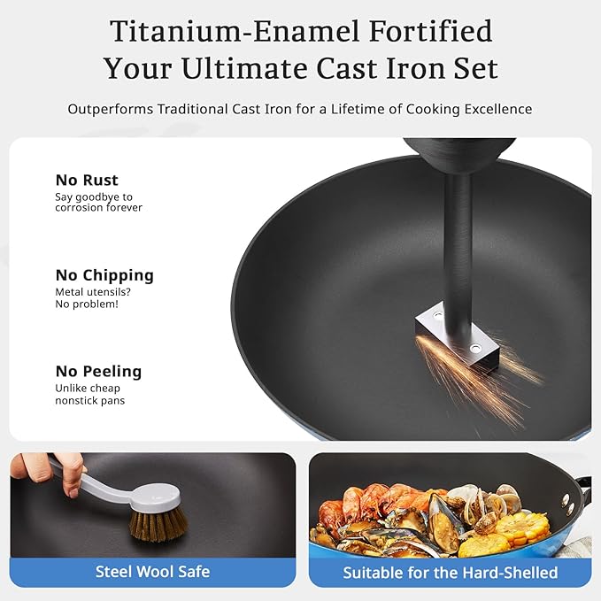 KITESSENSU Titanium Non Stick Frying Pan 8' - Deep Enameled Cast Iron Skillet - Cast Iron Pan for Compatible With All Stovetops - Gradual Cobalt Blue