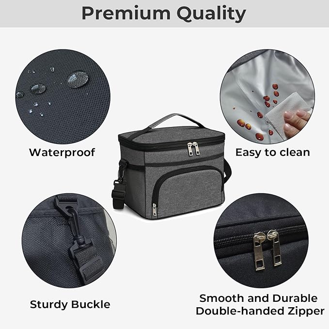 24 Cans/15L Insulated Lunch Bag for Women Men Adults Fit and Fresh Lunchbox Containers Soft Lunch Tote Cooler Bag for Work Home Outdoor Travel Hiking Picnic Beach with Straps (Gray)