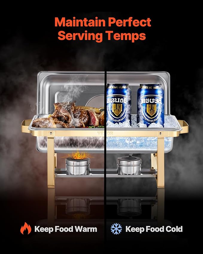 VEVOR Chafing Dish Buffet Set, 8 Qt 4 Pack, Stainless Steel Chafer with 4 Full Size Pans, Rectangle Catering Warmer Server with Glass Lid Water Pan Folding Stand Fuel Holder, for Wedding Party Banquet