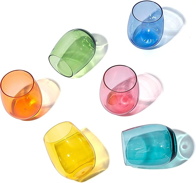 KX-WARE Unbreakable 18-ounce Acrylic Stemless Wine Glasses All Purpose Plastic Tumbler, set of 6 Multicolor Dishwasher Safe BPA Free Classic Style