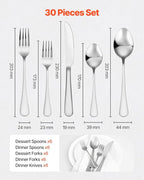 VEVOR 30-Piece Silverware Set, Food-Grade Stainless Steel Flatware Utensils, Mirror Finished Cutlery Set, Dishwasher Safe Eating Tableware for Kitchen Home, Service for 6, Include Knife Fork Spoon