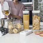 Felli Flip Tite TALL Storage Container with Lid 4" Air Tight Easy Open Ring Top, Clear Acrylic Skinny Canister Jar for Spaghetti Lasagna Fettuccine Noodle, Kitchen Cupboard Pantry Organizer (2.0 qt)