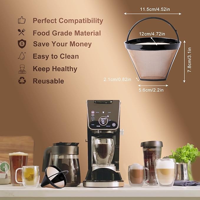 KEEPOW Reusable Cone Coffee Filters #4, 2-Pack 8-12 Cup Gold Permanent Coffee Filter Basket for Cuisinart/Ninja Dual Brew Pro CFP301/ Hamilton Beach, Size 04 Pour Over Coffee-maker Dripper Accessories