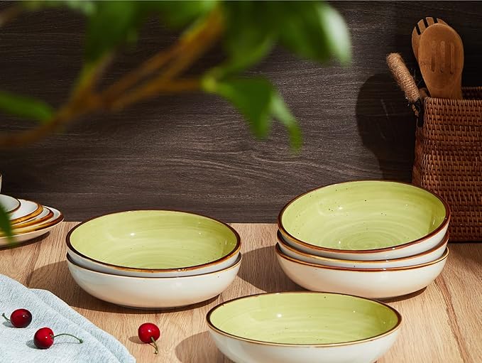 ONEMORE 30 Ounce Large Porcelain Salad Pasta Bowls, Ceramic Dinner Serving Bowls for Soup, Dessert, Fruit. Microwave & Dishwasher Safe, Green Shallow Pasta Bowls, Kitchen Dinnerware, Modern Style
