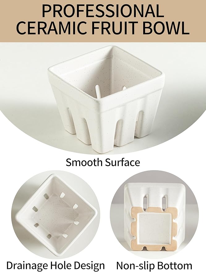 Gomakren Ceramic Berry Basket Set of 2, Square Fruit Bowls with Holes, Rustic Fruit Basket Containers for Kitchen, Berries, Strawberry, Grape, Cherry - Cream White