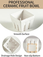 Gomakren Ceramic Berry Basket Set of 2, Square Fruit Bowls with Holes, Rustic Fruit Basket Containers for Kitchen, Berries, Strawberry, Grape, Cherry - Cream White