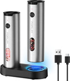 FORLIM Electric Salt and Pepper Grinder Set Rechargeable, Auto Salt and Pepper Grinder set with Charging Base, Adjustable Coarseness, LED Light, Automatic Salt Grinder Refillable,Pepper Shakers Set