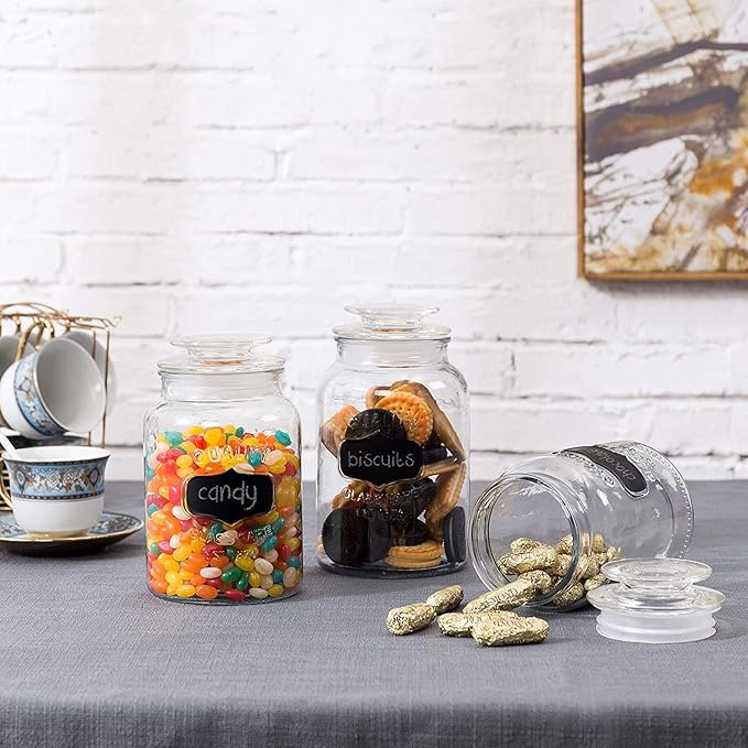 Glass Canister Set for Kitchen or Bathroom with Airtight Lid and Chalkboard Labels, Apothecary Glass Food Storage Jars,Set of 3 Cookie Jars, Candy, Coffee, Cereal & More, Clear Storage Containers!