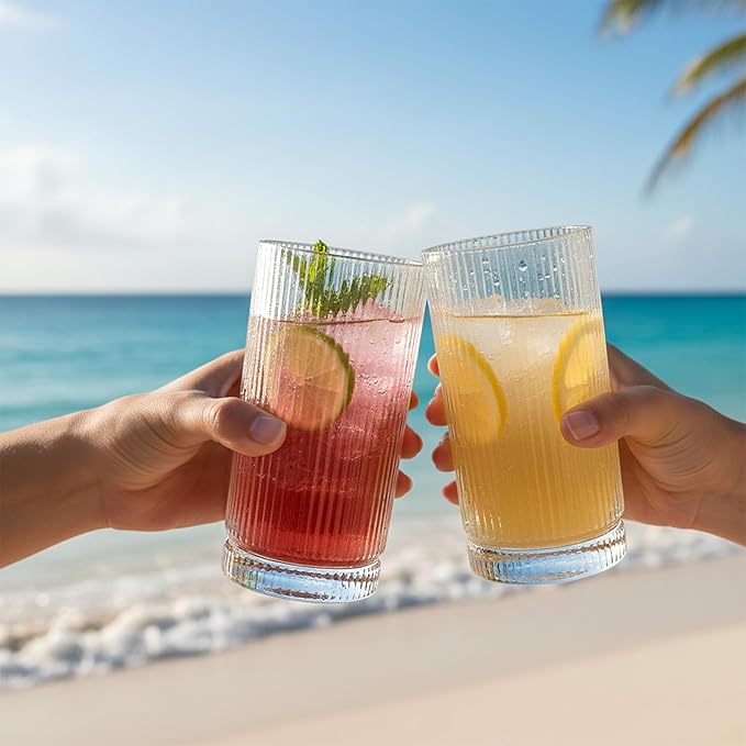 Vintage Ribbed Glassware Set with straws, 16oz Drinking Glasses, Origami Style Set of 4, Fluted Design, Ideal for Water, Iced Coffee, Juice, Beer, Milk, Cocktail, Gift