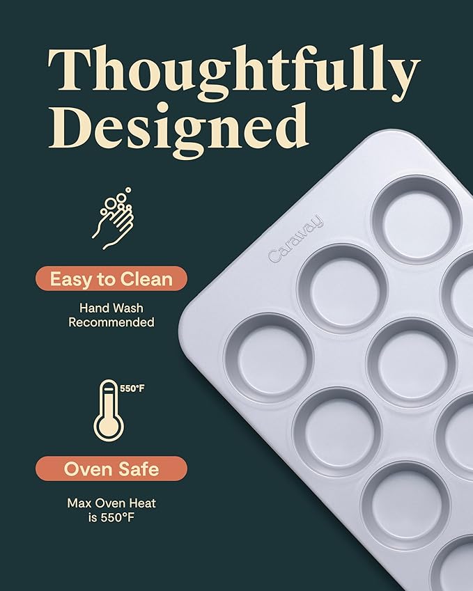 Caraway Non-Stick Ceramic 12-Cup Muffin Pan - Naturally Slick Ceramic Coating - Non-Toxic, PTFE & PFOA Free - Perfect for Cupcakes, Muffins, and More - Cream