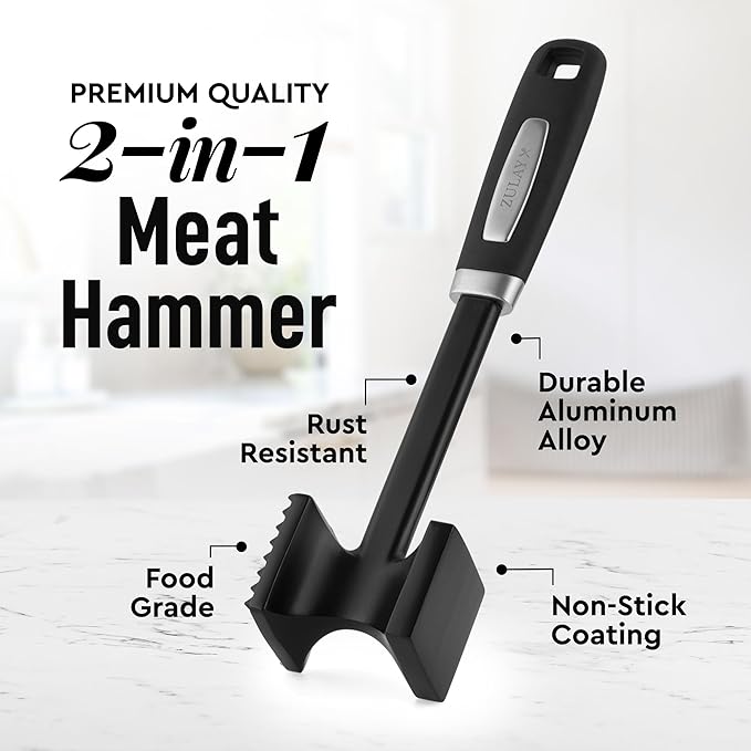 Zulay 10" Meat Tenderizer Hammer – Heavy-Duty Dual-Sided Mallet with Non-Slip Grip – Metal Meat Pounder for Tenderizing Beef, Chicken, Pork & More – Kitchen Tool for Cooking & BBQ - Black