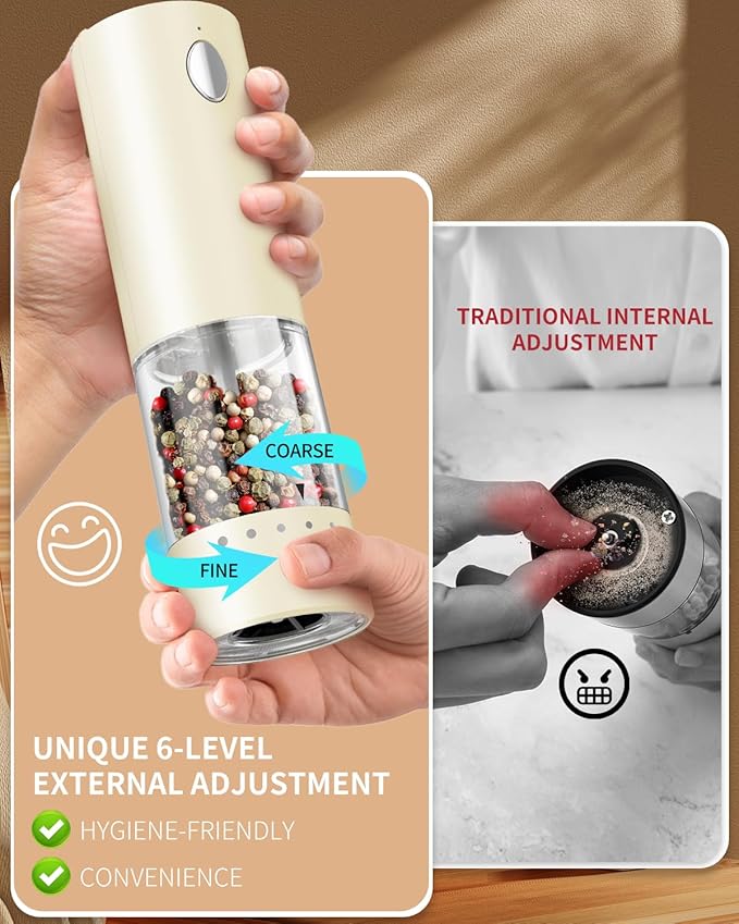 CIRCLE JOY Electric Salt and Pepper Grinder Set Automatic Salt and Pepper Grinder Set with Easy-to-Carry Charging Base and LED Light, USB Rechargeable, External Adjustable Coarseness, Light Yellow