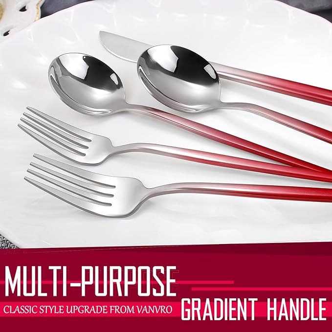Gradient Red Silverware Set, 20-Piece Stainless Steel Flatware Set, Kitchen Dinnerware Set Service for 4, Include Knife/Fork/Spoon, Mirror Polished, Dishwasher Safe