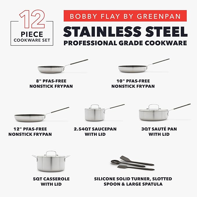 GreenPan x Bobby Flay Stainless Steel 12 Piece Cookware Pots & Pans Set, Professional Grade Tri-Ply, Multiclad, PFAS-Free Ceramic Nonstick, Induction Suitable, Dishwasher & Oven Safe,Stay Cool Handles