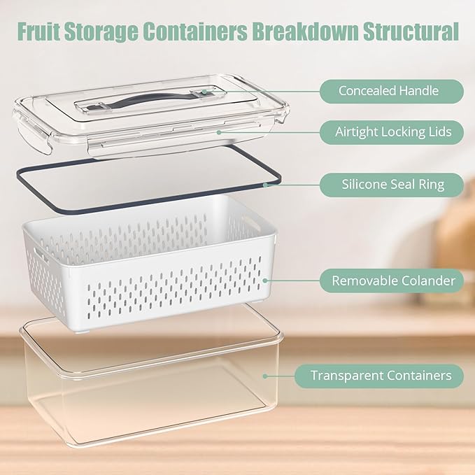 5 Pcs Fruit Storage Containers For Fridge with Removable Colander and Handle Lid, Refrigerator Organizers and Storage, Airtight Container to Keep Berry Fruit and Vegetable Fresh Longer Dishwasher Safe