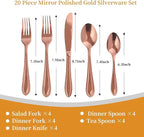 Rose Gold Silverware Set,20-Piece Stainless Steel Flatware for 4, Heavy-Duty 18/0 Stainless Steel Utensils,Mirror Polished Dishwasher Safe for Home & Kitchen Dining