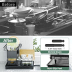 2 Tier Dish Drying Rack, Drying Rack with Automatic Drainboard, Dish Racks for Kitchen Counter, Rustproof Dish Drainer with Removable Utensil Holder, Cups Holder,Black