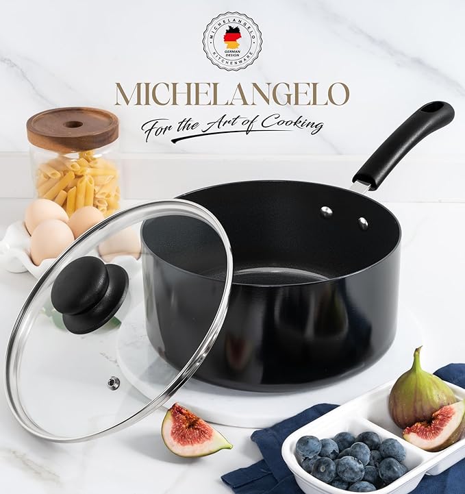 MICHELANGELO Nonstick 3 Quart Saucepan with Lid, Ceramic Small Sacuce pan, Easy to Clean, Non-Toxic Saucepan, 3QT, Black