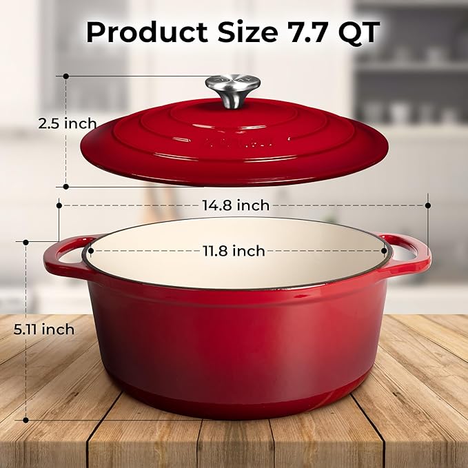Zulay Kitchen 7.7 Quart Enameled Cast Iron Dutch Oven with Lid, Silicone Trivet & Heat Pad – Premium Durability & Oven Safe up to 500°F – Heavy Duty Cookware Perfect for Bread Baking, Stews, Braising & Roasting – Red