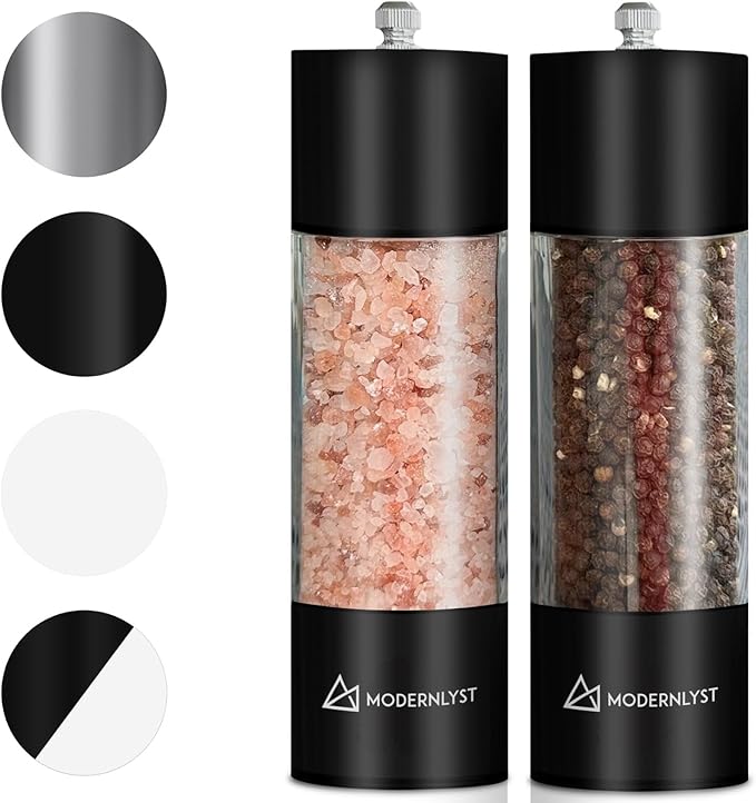 Manual Salt and Pepper Grinder Set of 2 | Large Round Salt and Pepper Shakers Set | 7.5 inch Stainless Steel Salt Grinder Refillable | Pepper Grinder Manual (Black)