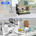Dish Drying Rack Gold, Multifunctional Dish Racks for Kitchen Counter with Drainboard 2 Tier Dish Drainer Large Capacity for Knifes/Cup/Cutting Board