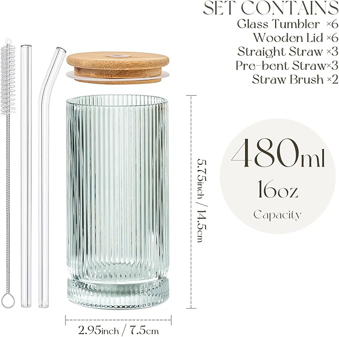 Vintage-Style 16oz Tall Drinking Glasses: Set of 6 Ribbed Glassware with Lids and Straws - Perfect for Cocktails, Smoothies, Juice, Beer, and Coffee - Versatile Design for All-Occasions (6Pcs)