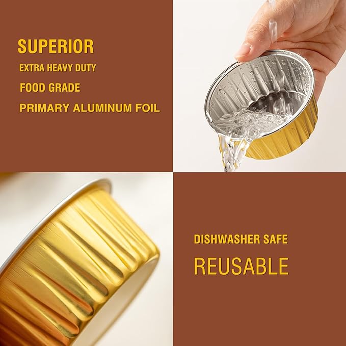 Disposable Muffin Pans with Lids, 5 oz Mini Cake Pans for Cupcake, Multi-purpose Aluminum Foil Baking Cup, Premium Dessert Cups, Creme Brulee Ramekins Oven Safe, 60 Pack