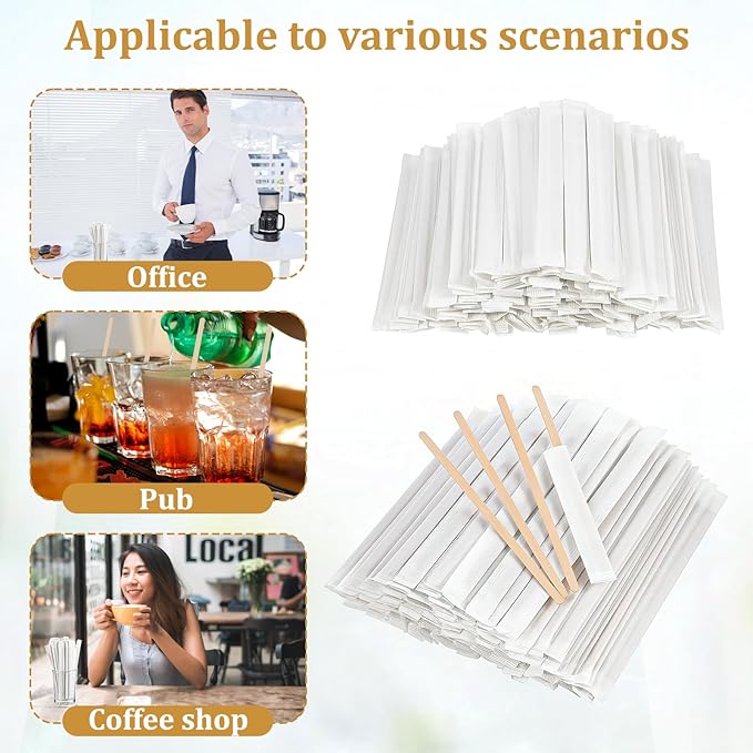 2000 Pcs Individually Wrapped Wooden Coffee Stirrers 5.5 Inch Disposable Wood Stir Sticks, Round End coffee stirrer for Cocktail, and Hot Drinks