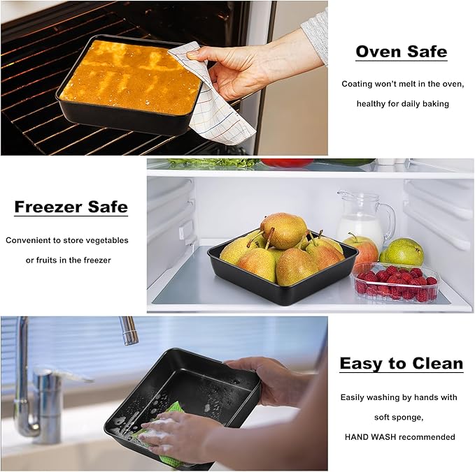 TeamFar 8 Inch Cake Pan, Square Brownie Baking Pan with Stainless Steel Core & Non Stick Coating, for Baking Roasting Storing Food, Healthy, Oven Safe & Anti-melt, Easy to Release & Clean – Set of 2