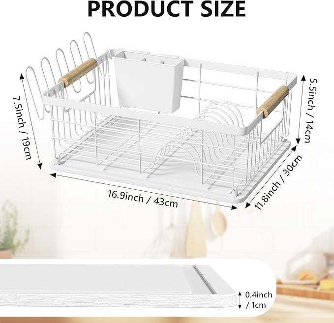 Dish Drying Rack White with Diatomaceous Earth 1 Tier,Multifunctional Dish Racks for Kitchen Counter Quick-Drying,Large Capacity Space Saving with Cutlery Cups Holder