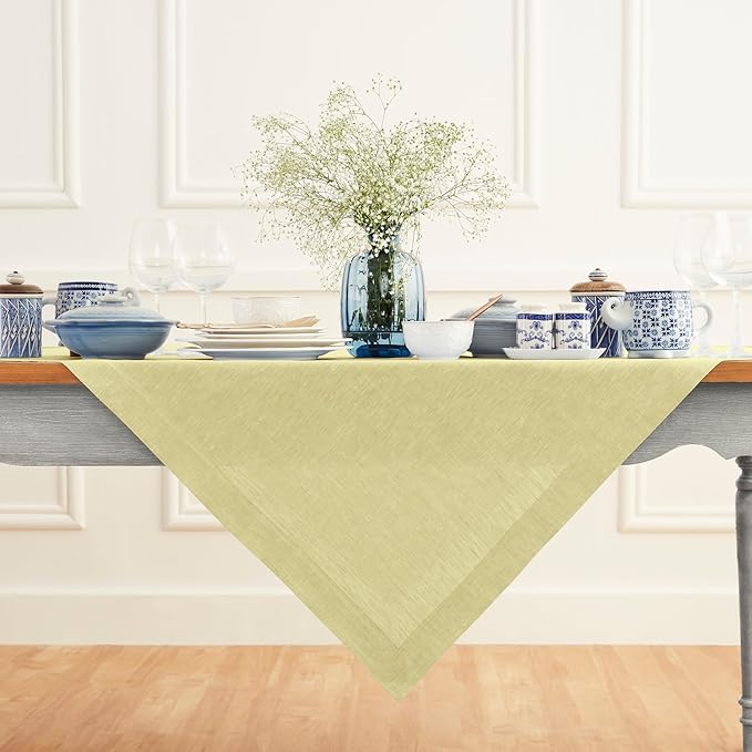 Solino Home Linen Tablecloth 52 x 52 Inch - 100% Pure Linen Square Table Throw - Athena, Machine Washable Chambray Yellow Tablecloth for Summer